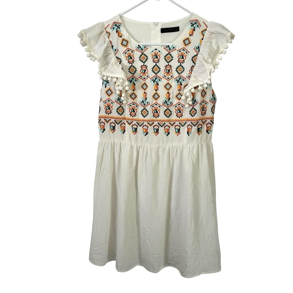 Shein Embroidered Pom Pom Sun Dress Size M Ivory Cotton Boho Aztec Festival Mini